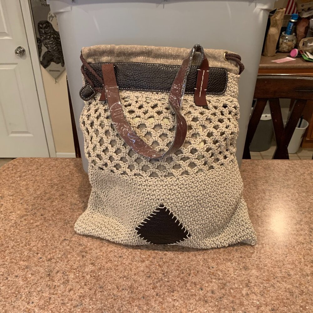 POL Tan Crochet Drawstring tote with leather accents NEW